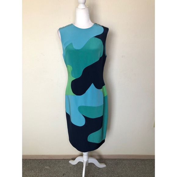 Lela Rose Silk Dress Size 10 Sleeveless Sheath Blue Green Abstract Cocktail - Picture 11 of 16